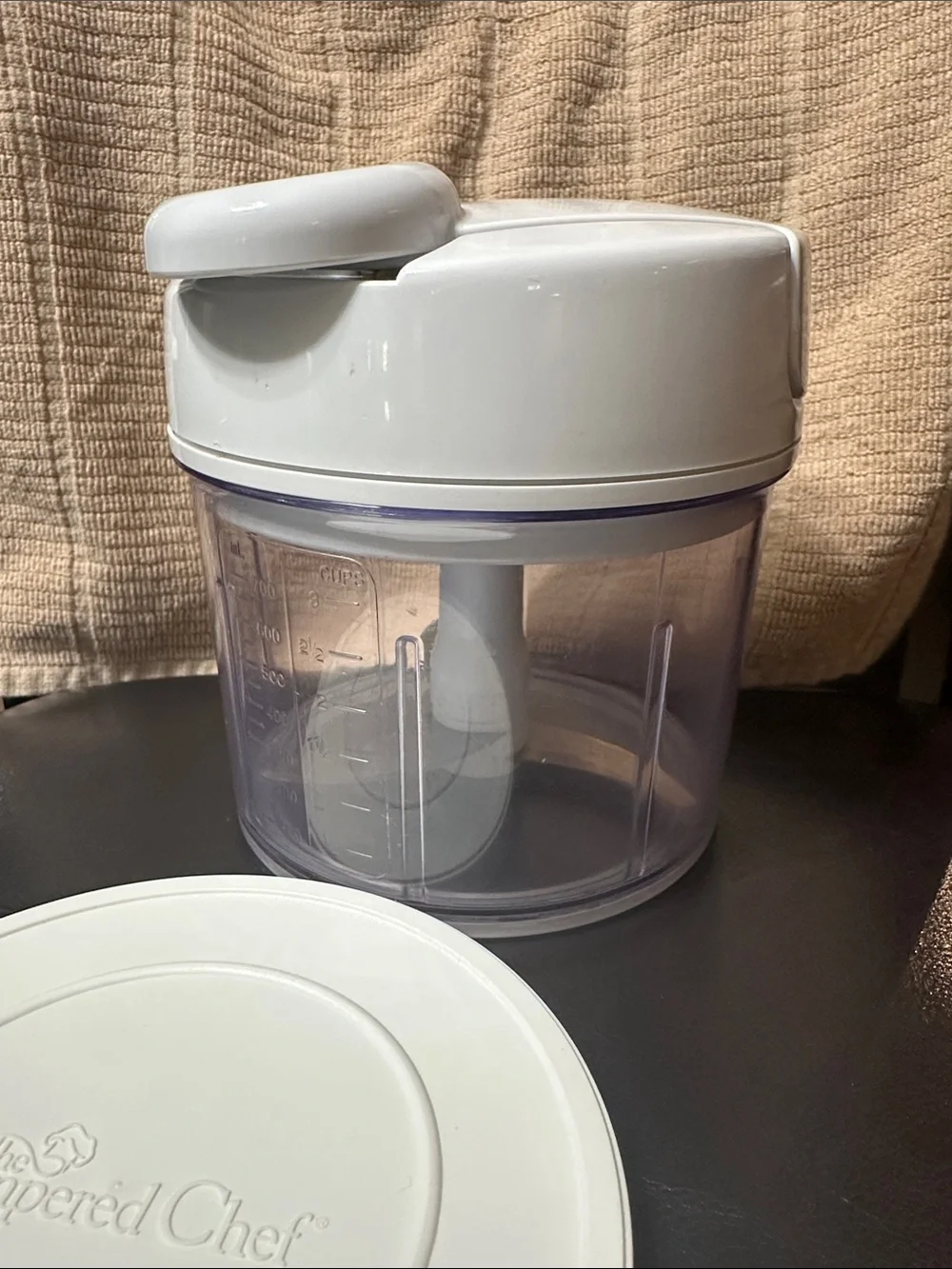The Pampered Chef White Manual Food Chopper with Clear Bowl and storage lid